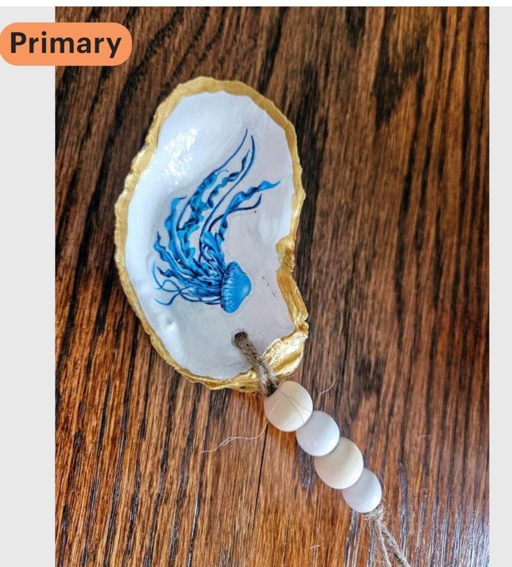 Handmade Blue Jellyfish Decoupage Oyster Shell Trinket Dish with Gilded Edge